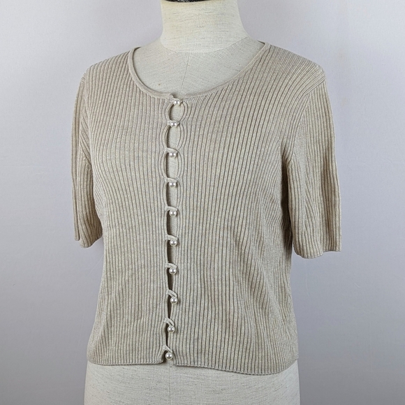 NAADAM Cardigan Faux Pearl Button Front Short Sleeve Silk Cashmere Linen M NWOT - Picture 9 of 12
